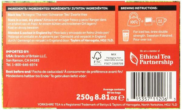 Taylors Yorkshire Tea Red-80 Tea Bags 250g( BB 31/03/2026)