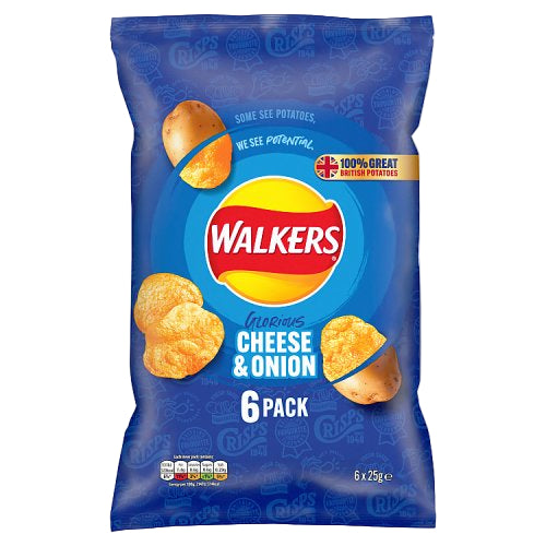 Walkers Cheese & Onion Crisps 6x25g UK (BB 07/03/2026)